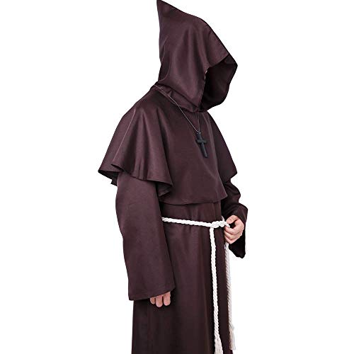 Much Green Monje Sacerdote Túnica de Robe para Medieval Renacimiento Trajes de Vampiros,Disfraz de Gótico cosplay con Cruz para Halloween Carnaval Disfraces con Capucha para Hombre(Marrón,L)
