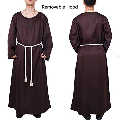 Much Green Monje Sacerdote Túnica de Robe para Medieval Renacimiento Trajes de Vampiros,Disfraz de Gótico cosplay con Cruz para Halloween Carnaval Disfraces con Capucha para Hombre(Marrón,L)