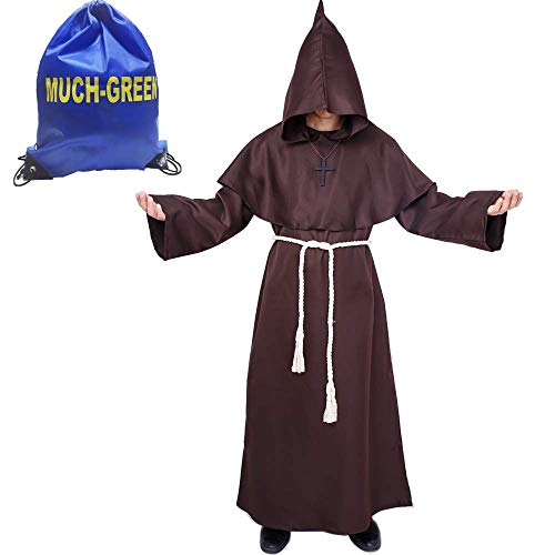 Much Green Monje Sacerdote Túnica de Robe para Medieval Renacimiento Trajes de Vampiros,Disfraz de Gótico cosplay con Cruz para Halloween Carnaval Disfraces con Capucha para Hombre(Marrón,L)