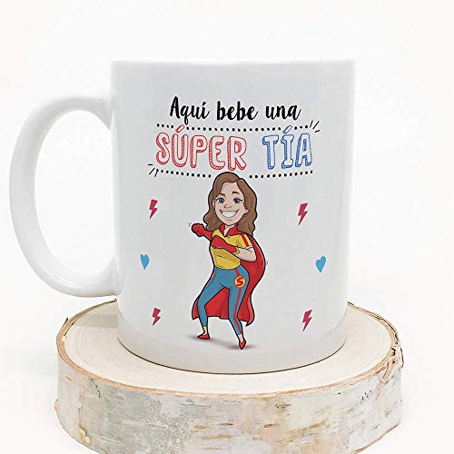 MUGFFINS Tazas Tía - Aquí Bebe una Super Tía - Taza Desayuno Original/Idea Regalo Cumpleaños. Cerámica 350 mL