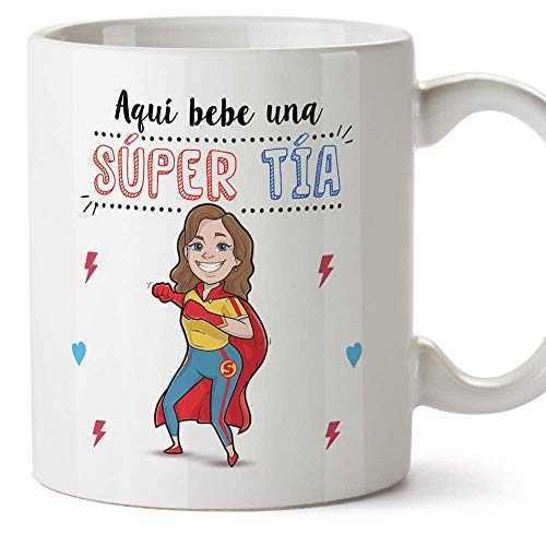 MUGFFINS Tazas Tía - Aquí Bebe una Super Tía - Taza Desayuno Original/Idea Regalo Cumpleaños. Cerámica 350 mL