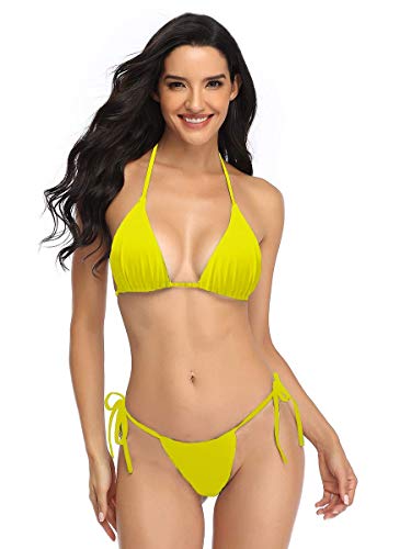 Mujer 2020 Push up Bikini de Tres Puntos Conjunto de Traje de Baño Brasileños Bañador Ropa de Dos Piezas Bikinis Amarillo S