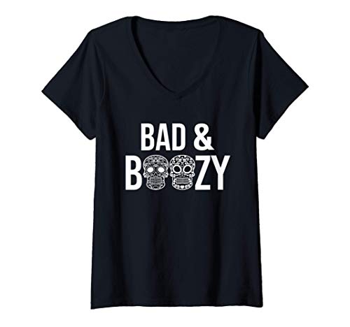 Mujer Bad And Boozy - México Catrina Cráneo Malo y Borracho Camiseta Cuello V