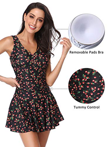 Mujer Bañador con Falda Traje de Baño de Una Pieza de Talla Grande Impresión Elegante Sexy Push Up Monokini Cereza XXX-Large 50-52 EU