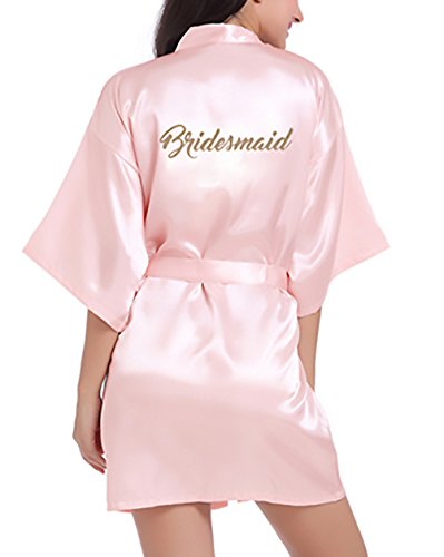 Mujer Bata Novia Albornoz Kimono Corto Verano Dulce Lindo Chic Color Sólido Cómodos Suave Pijamas Camison V Cuello con Cinturón (Color : Pink, Size : S)