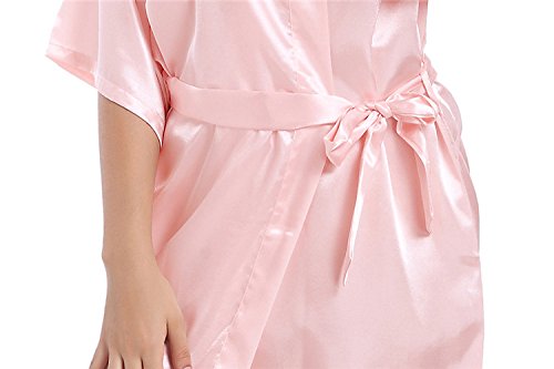 Mujer Bata Novia Albornoz Kimono Corto Verano Dulce Lindo Chic Color Sólido Cómodos Suave Pijamas Camison V Cuello con Cinturón (Color : Pink, Size : S)