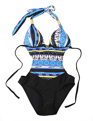 Mujer Bikini Traje de Baño una Pieza Sexy Push Up Bañador Entero Impreso Bohemia para Playa o Piscina (Large, Azul-b)