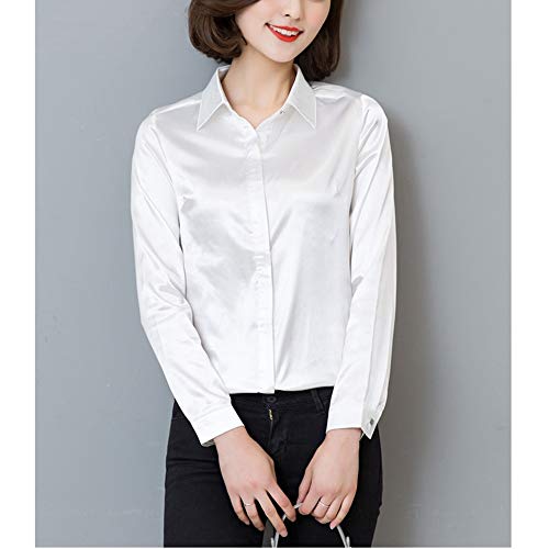 Mujer Blusa de Seda Satinada Manga Larga Camisa Formal Tops (Blanco, Small)