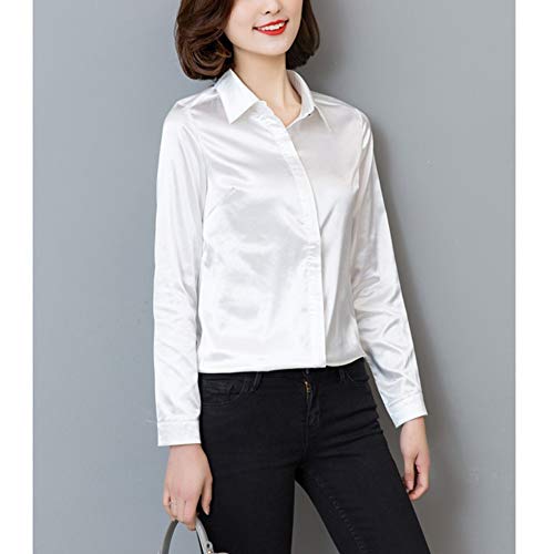 Mujer Blusa de Seda Satinada Manga Larga Camisa Formal Tops (Blanco, Small)