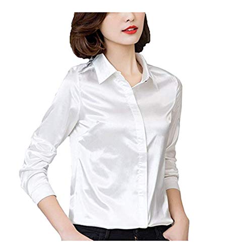 Mujer Blusa de Seda Satinada Manga Larga Camisa Formal Tops (Blanco, Small)