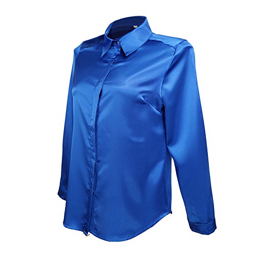 Mujer Blusa de Seda Satinada Manga Larga Camisa Formal Tops (Zafiro, Small)