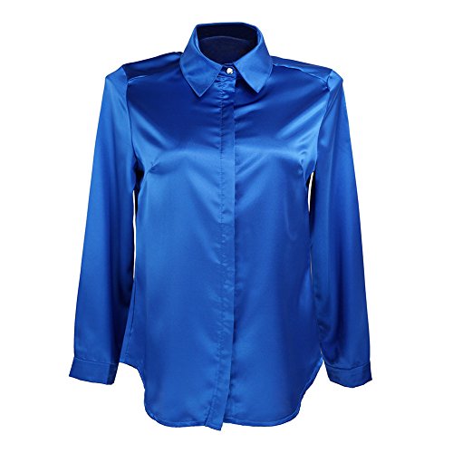 Mujer Blusa de Seda Satinada Manga Larga Camisa Formal Tops (Zafiro, Small)