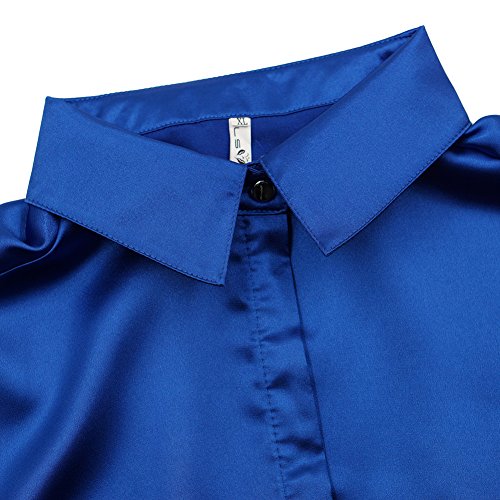Mujer Blusa de Seda Satinada Manga Larga Camisa Formal Tops (Zafiro, Small)