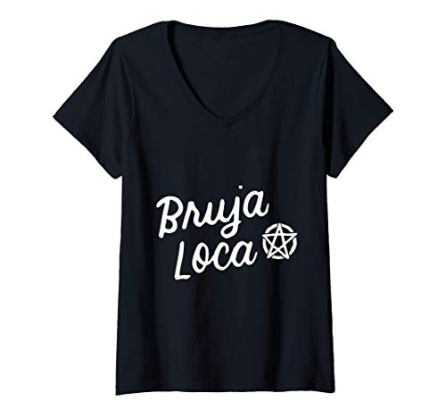 Mujer Bruja Loca Loco Bruja Gracioso Halloween Latina Hispano Camiseta Cuello V