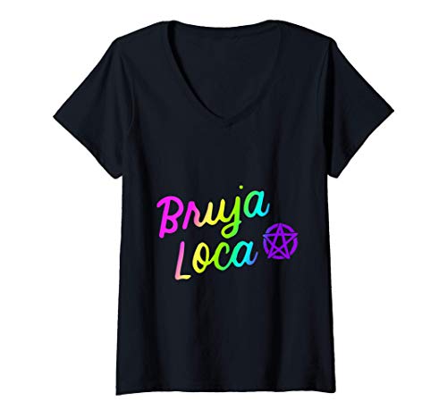 Mujer Bruja Loca Loco Bruja Gracioso Halloween Latina Hispano Camiseta Cuello V