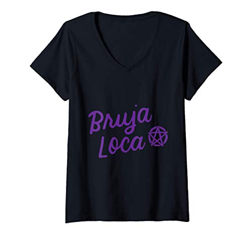 Mujer Bruja Loca Loco Bruja Gracioso Halloween Latina Hispano Camiseta Cuello V