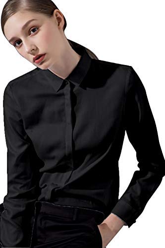 Mujer Camisa Básica de Algodón - Camisa Blusa Casual de Algodón de Manga Larga Informal con Cierre de Botón Delgado Formal, Ideal para Oficina/Trabajo/Entrevista (EU50, Negro)