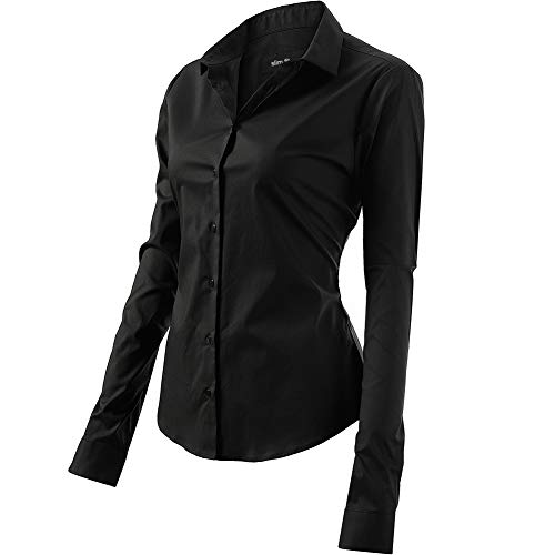 Mujer Camisa Básica de Algodón - Camisa Blusa Casual de Algodón de Manga Larga Informal con Cierre de Botón Delgado Formal, Ideal para Oficina/Trabajo/Entrevista (EU50, Negro)