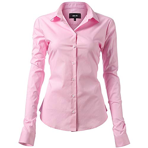 Mujer Camisa Básica de Algodón - Camisa Blusa Casual de Algodón de Manga Larga Informal con Cierre de Botón Delgado Formal, Ideal para Oficina/Trabajo/Entrevista (EU52, Rosa)
