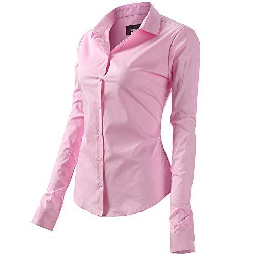Mujer Camisa Básica de Algodón - Camisa Blusa Casual de Algodón de Manga Larga Informal con Cierre de Botón Delgado Formal, Ideal para Oficina/Trabajo/Entrevista (EU52, Rosa)