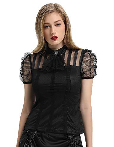 Mujer Camisa Medieval de Mangas Cortas Combinado Malla Transparente para Fiesta M Negro