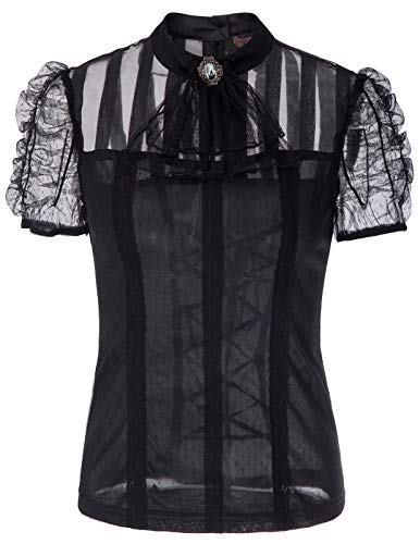 Mujer Camisa Medieval de Mangas Cortas Combinado Malla Transparente para Fiesta M Negro