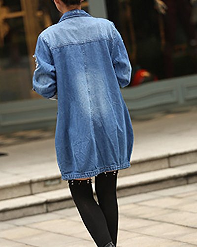 Mujer Chaqueta de Mezclilla Denim Jacket Suelto Manga Larga Chaqueta Otoño Jeans Larga Cárdigan Azul 2XL