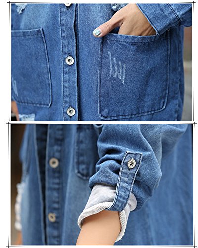 Mujer Chaqueta de Mezclilla Denim Jacket Suelto Manga Larga Chaqueta Otoño Jeans Larga Cárdigan Azul 2XL