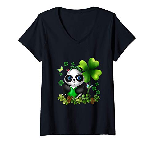 Mujer Chicas St Patricks Day Kid's Cute Panda Green Shamrock Mujer Camiseta Cuello V