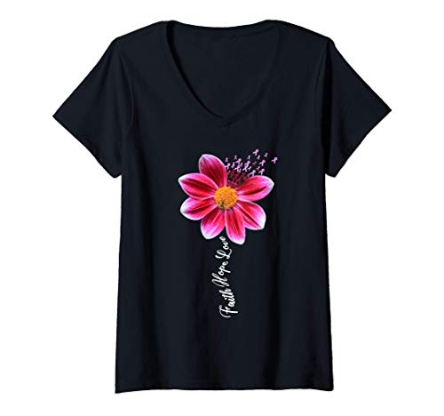 Mujer Concienciación sobre el cáncer de mama Cinta de flores rosas Camiseta Cuello V