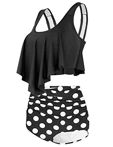 Mujer Conjunto Bikini Braga Alta De Frill Talla Grande Sexy Traje De Baño con Volantes Flores Negro L