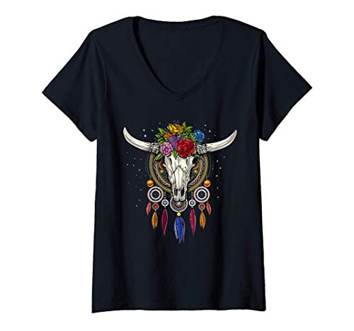Mujer Cráneo de Vaca Atrapasueños Hippie Flores Espiritual Boho Camiseta Cuello V