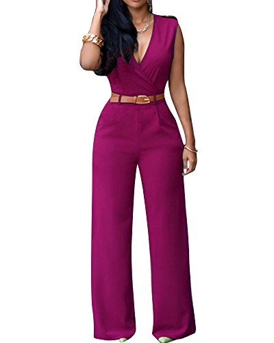 Mujer Cuello En V Monos Fiesta Largos Jumpsuits Sin Mangas Pantalones Anchos Morado M