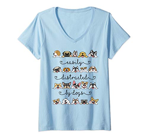Mujer Distraído fácilmente por los perros Camisa Divertida Amante Camiseta Cuello V