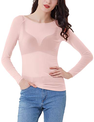 Mujer Elegante Camiseta Transparente Camisa de Manga Larga Cuello Redondo de Malla Slim fit Rosa S CL011046-6