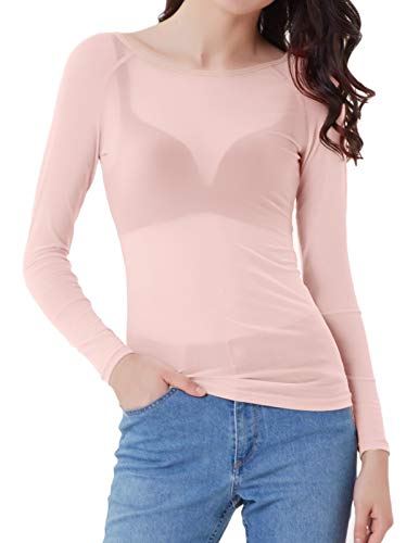 Mujer Elegante Camiseta Transparente Camisa de Manga Larga Cuello Redondo de Malla Slim fit Rosa S CL011046-6