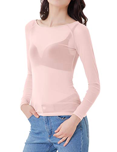 Mujer Elegante Camiseta Transparente Camisa de Manga Larga Cuello Redondo de Malla Slim fit Rosa S CL011046-6