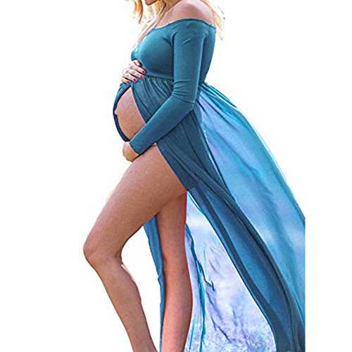 Mujer Embarazada Gasa Larga Vestido de Maternidad Split Vista Delantera Foto Shoot Dress Faldas fotográficas de Maternidad (Azul-2)
