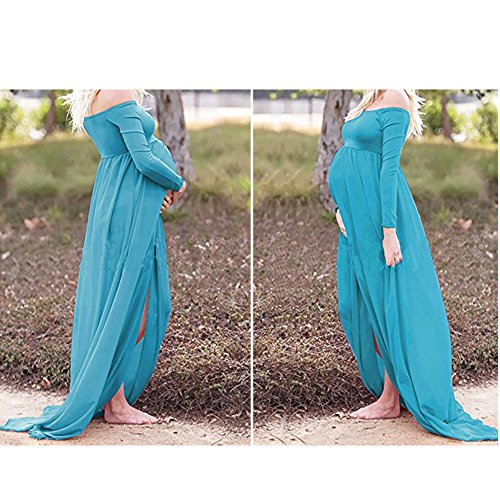 Mujer Embarazada Gasa Larga Vestido de Maternidad Split Vista Delantera Foto Shoot Dress Faldas fotográficas de Maternidad (Azul-2)