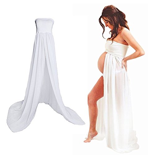 Mujer Embarazada Gasa Larga Vestido de maternidad Split Vista delantera foto Shoot Dress Faldas fotográficas de maternidad (Blanco)