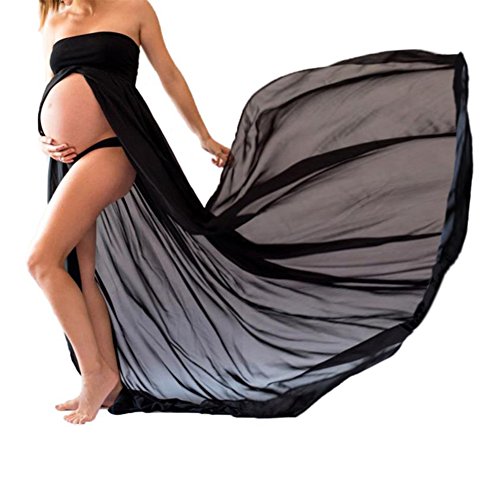 Mujer Embarazada Gasa Larga Vestido de maternidad Split Vista delantera foto Shoot Dress Faldas fotográficas de maternidad (Negro)