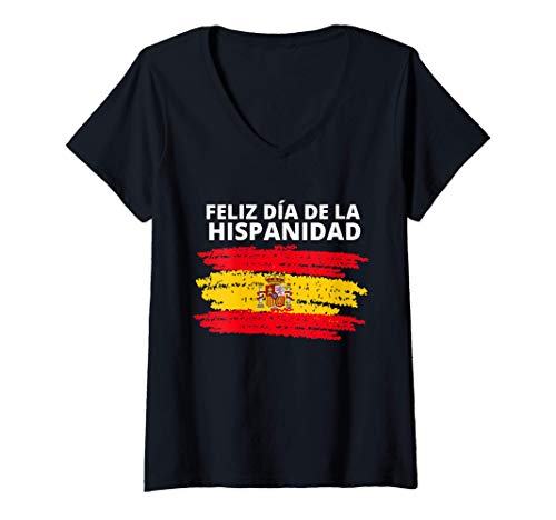 Mujer Feliz Día de la Hispanidad con Bandera de españa para patrio Camiseta Cuello V