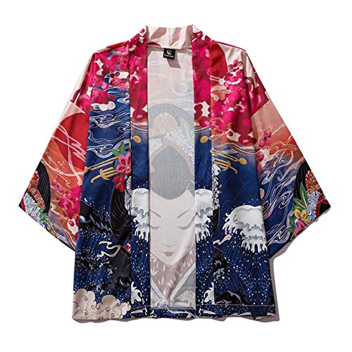 Mujer Japonés Kimono Chaqueta,Kimono Haori Estilo Japonés Camisa Talla Grande con Estampado Manga Tres Cuartos Pijamas Sueltos Chaqueta Interior para Hombres Y Mujeres,Red-Blue-XXL