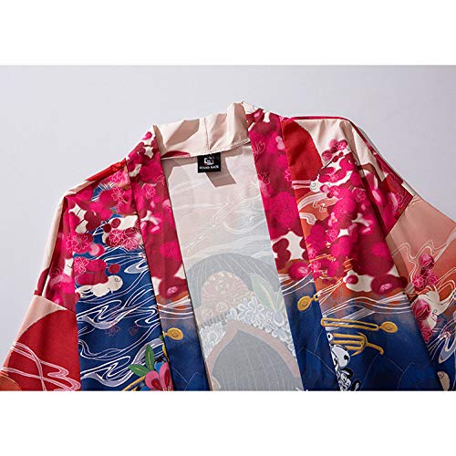 Mujer Japonés Kimono Chaqueta,Kimono Haori Estilo Japonés Camisa Talla Grande con Estampado Manga Tres Cuartos Pijamas Sueltos Chaqueta Interior para Hombres Y Mujeres,Red-Blue-XXL