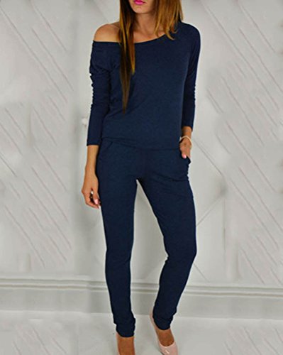 Mujer Jumpsuits Elegantes Fuera del Hombro Manga Larga Mono Largo Casual Azul Marino M