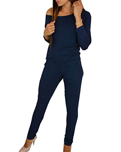 Mujer Jumpsuits Elegantes Fuera del Hombro Manga Larga Mono Largo Casual Azul Marino M