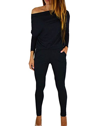 Mujer Jumpsuits Elegantes Fuera del Hombro Manga Larga Mono Largo Casual Negro S