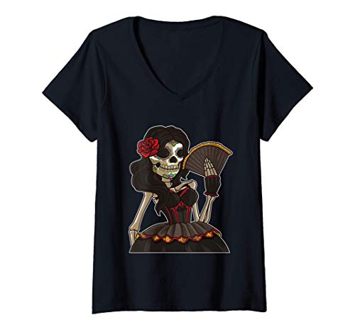 Mujer La Calavera Catrina Santa Muerte Camiseta Cuello V