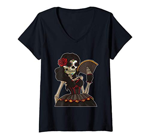 Mujer La Calavera Catrina Santa Muerte Camiseta Cuello V