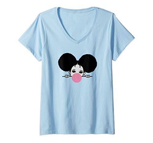 Mujer Linda chica afro africana con rosa chicle, Camiseta Cuello V